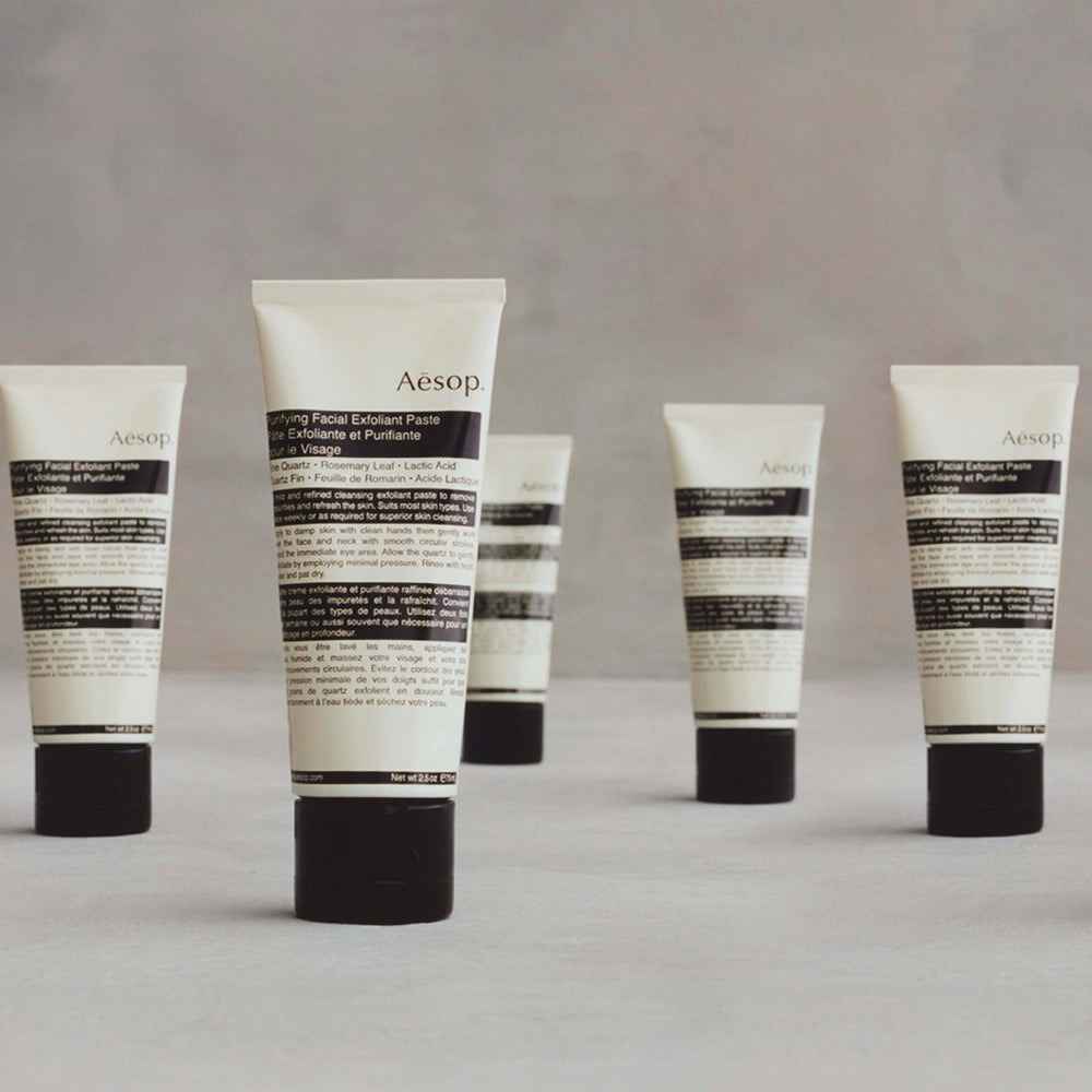 Aesop Purifying Facial Exfoliant Paste rosemary leaf close-up highlights botanicals for cleansing