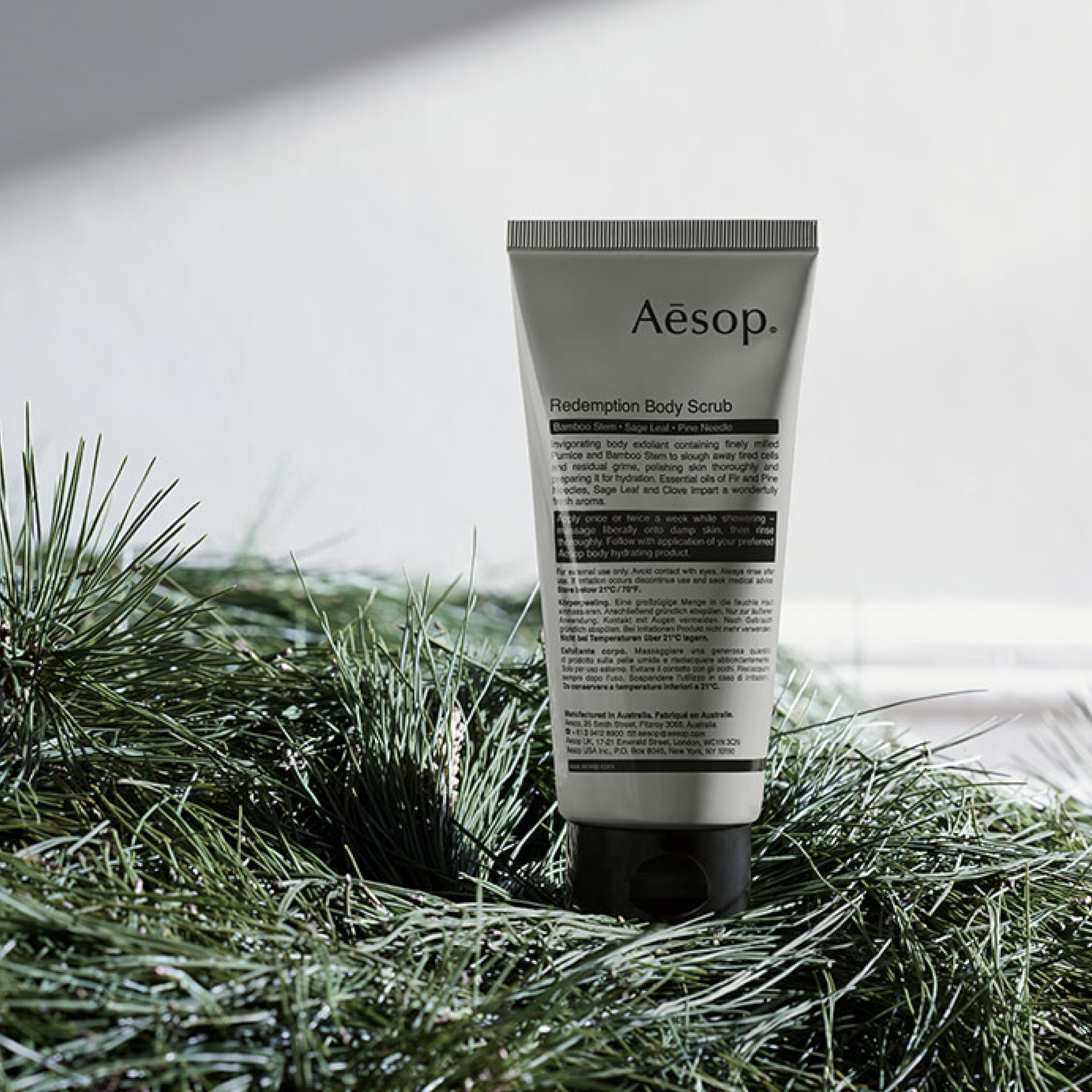 Aesop Redemption Body Scrub emits alpine camphoric aroma for a clean, invigorating shower.