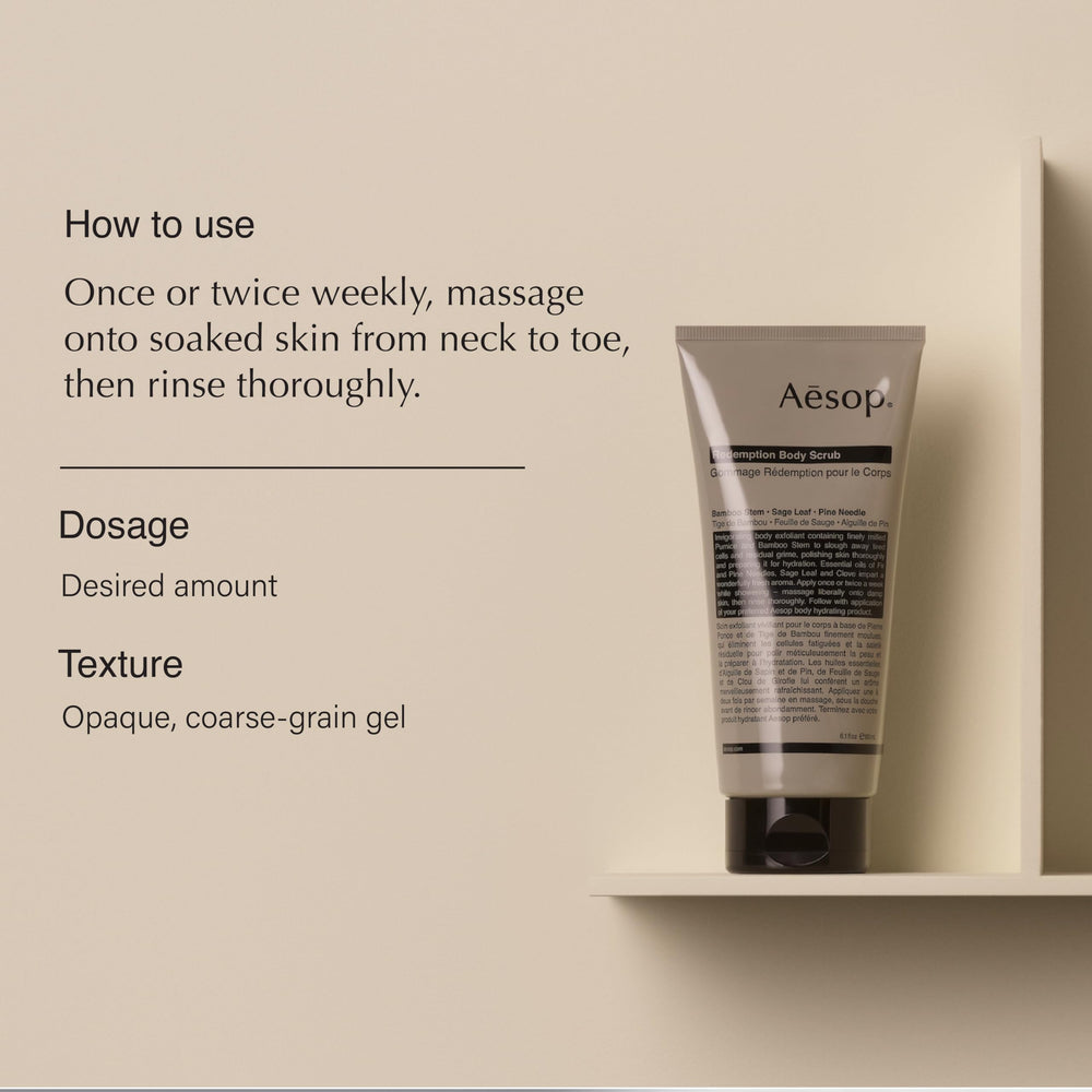 Aesop Redemption Body Scrub with aromatic botanicals delivers a fresh alpine fragrance.