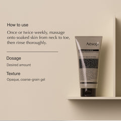 Aesop Redemption Body Scrub with aromatic botanicals delivers a fresh alpine fragrance.
