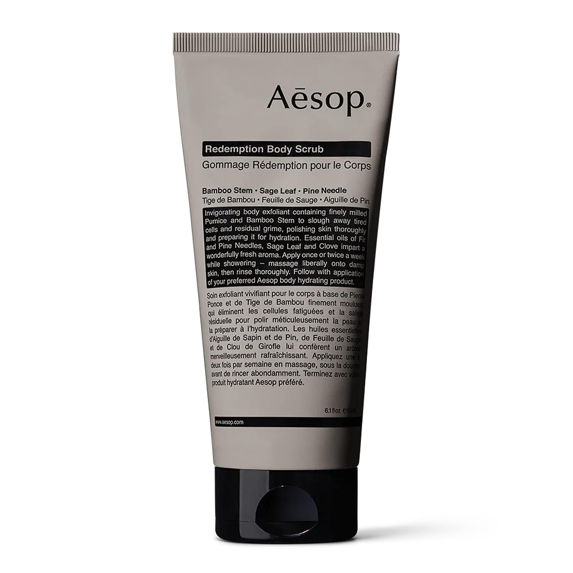 Aesop Redemption Body Scrub demonstrates finely milled pumice for a gentle, skin-polishing buff.