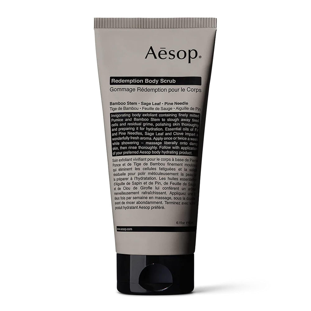 Aesop Redemption Body Scrub demonstrates finely milled pumice for a gentle, skin-polishing buff.