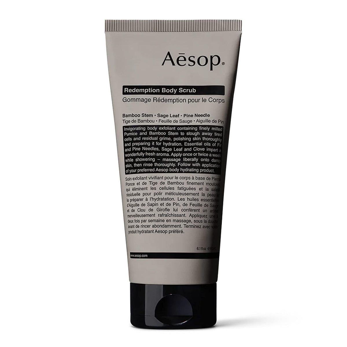 Aesop Redemption Body Scrub demonstrates finely milled pumice for a gentle, skin-polishing buff.