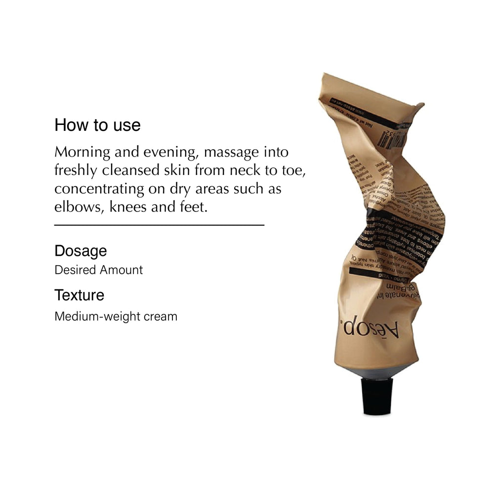 Aesop Rejuvenate Balm with macadamia oil drop, hinting at nourishing formula.