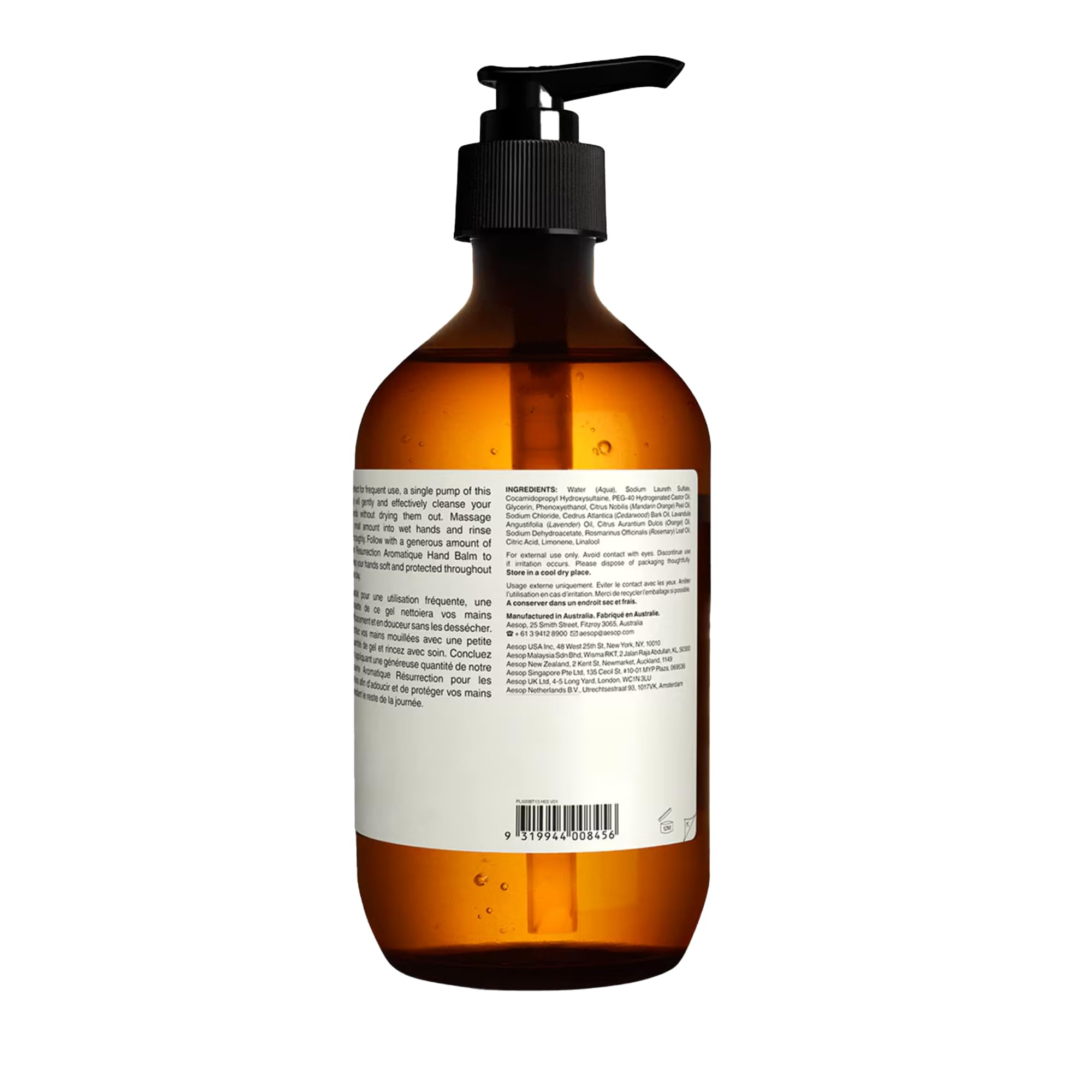 Aesop Resurrection Aromatique Hand Wash packaging highlighting recycled bottle.