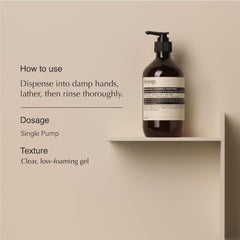 Aesop Resurrection Aromatique Hand Wash pump dispensing rich lather for hydrated hands.