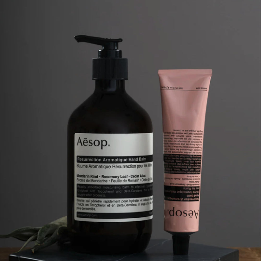 Aesop Resurrection Aromatique Hand Balm dispense demonstrates easy application