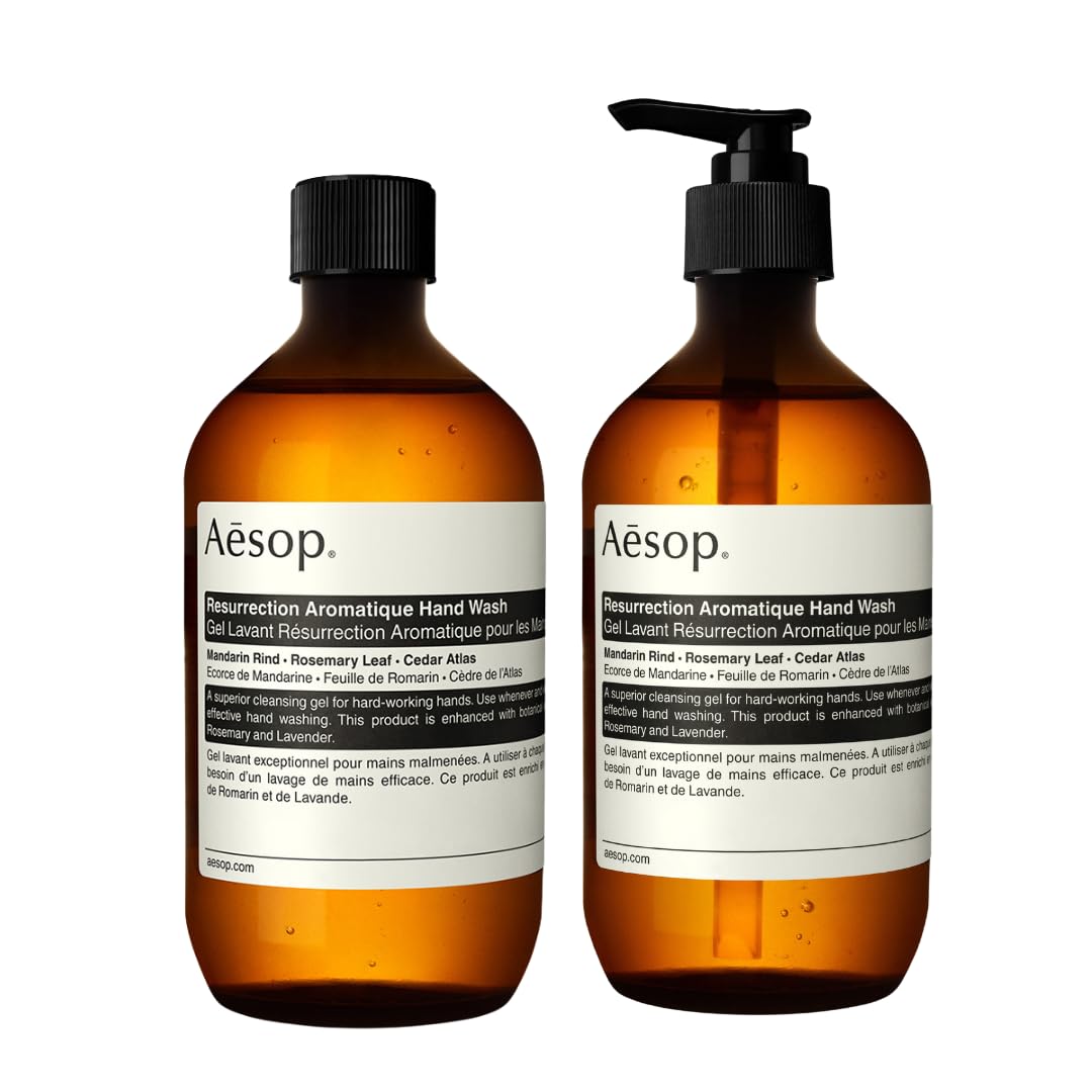 Aesop Resurrection Aromatique Hand Wash bottle offers a gentle cleanse with uplifting citrus-herb aroma