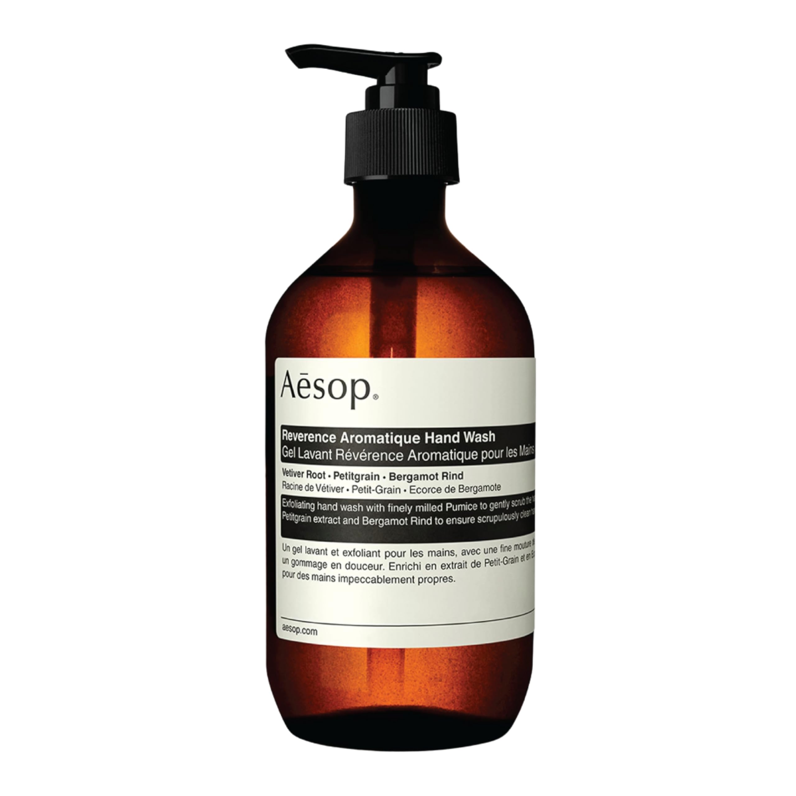 Aesop Reverence Aromatique Hand Wash bottle on a sink for refreshing daily cleanse.