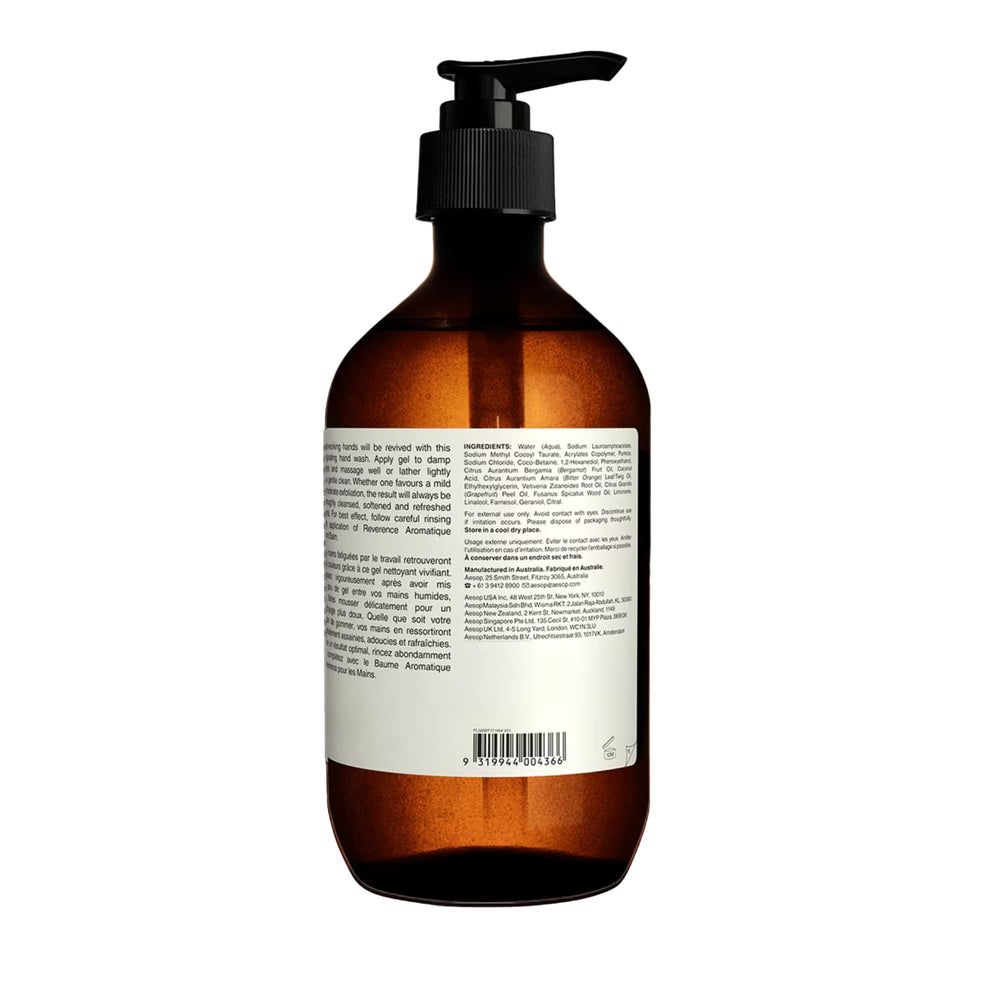 Vetiver Root, Petitgrain, and Bergamot Rind shown with Aesop Reverence Hand Wash.