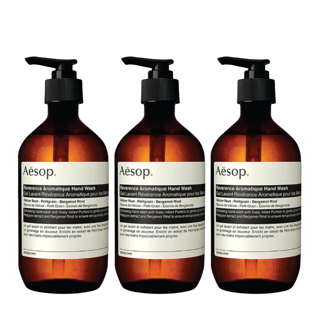 Aesop Reverence Aromatique Hand Wash pack of three bottles offering balanced cleanse and exfoliation