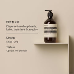 Aesop Reverence hand wash with pumice texture highlighting gentle exfoliation.