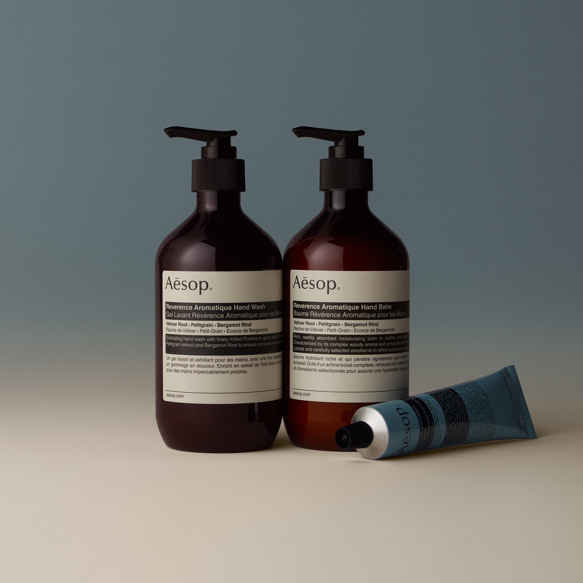Aesop Reverence petitgrain bergamot note illustrates purifying, uplifting fragrance in the set.