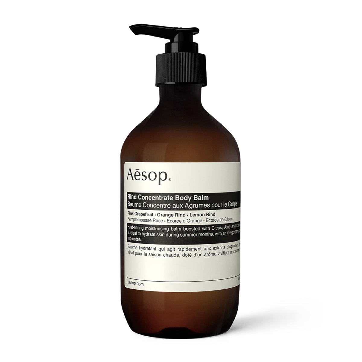Aesop Rind Concentrate Body Balm bottle close-up highlighting fast-absorbing hydration.