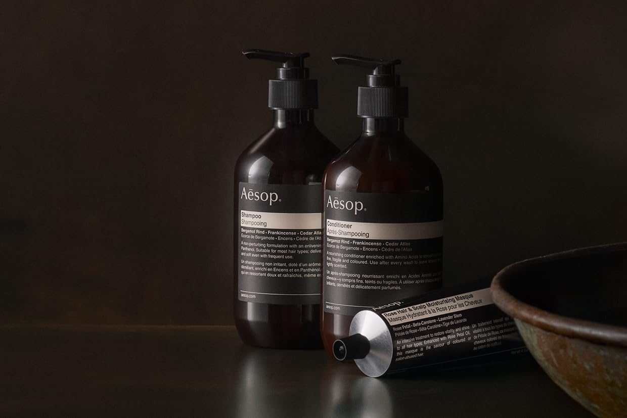 Aesop Shampoo bottle front view showing vegan, cruelty-free bottle design