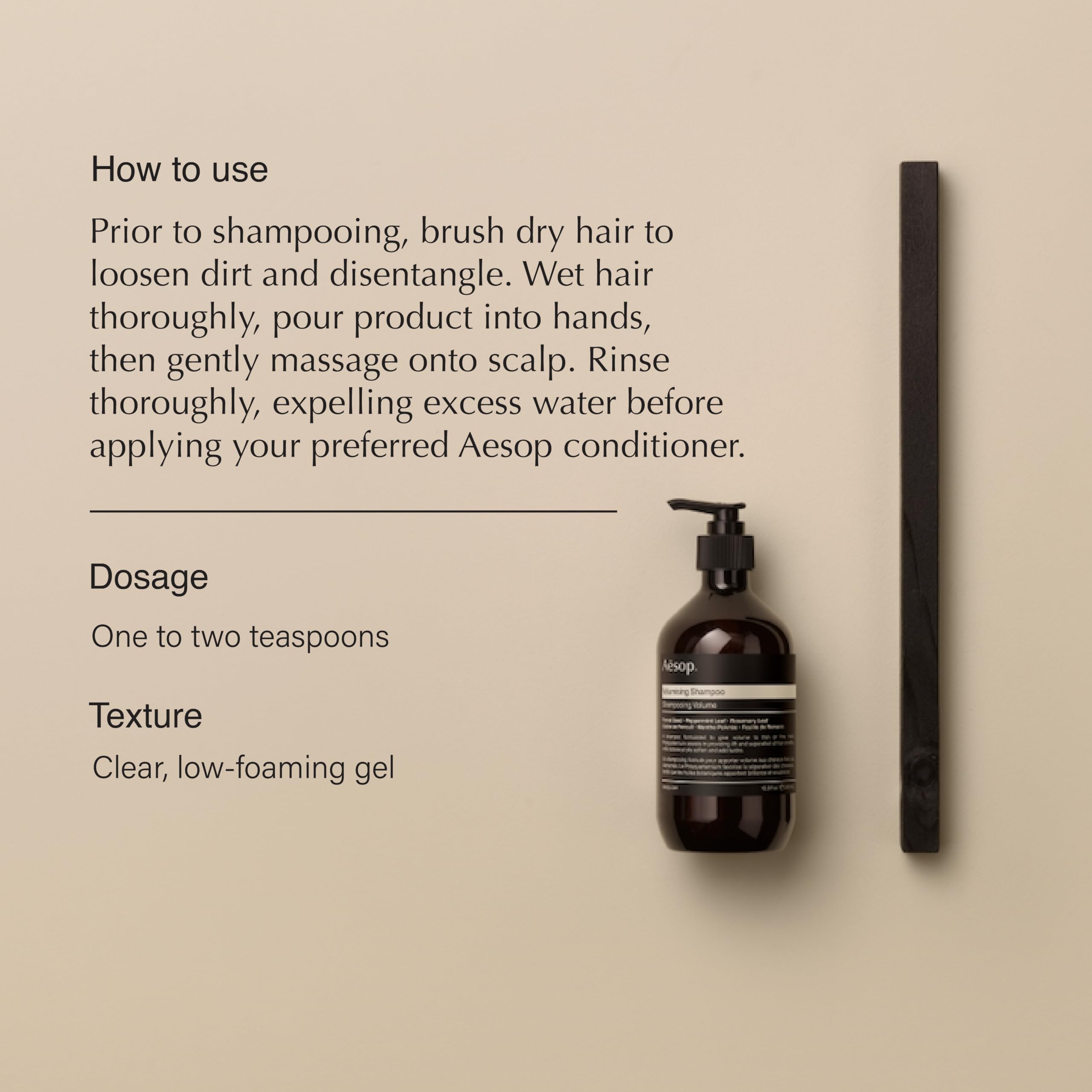 Aesop Volumizing Shampoo bottle angled shot emphasizing sleek luster and hydration