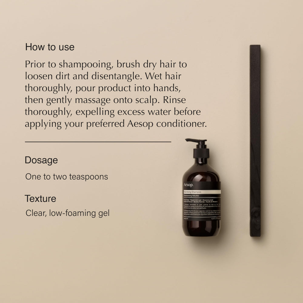 Aesop Volumizing Shampoo bottle angled shot emphasizing sleek luster and hydration