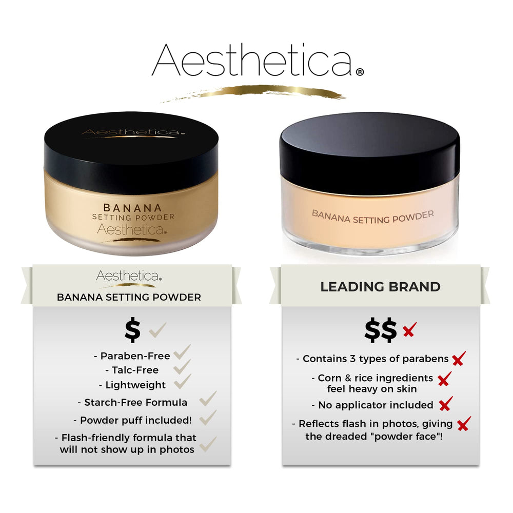 Aesthetica Banana Loose Setting Powder being applied on the face for seamless makeup.