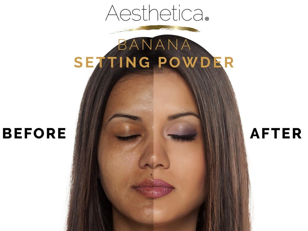 Aesthetica Banana Loose Setting Powder compact packaging highlighting travel-friendly design.
