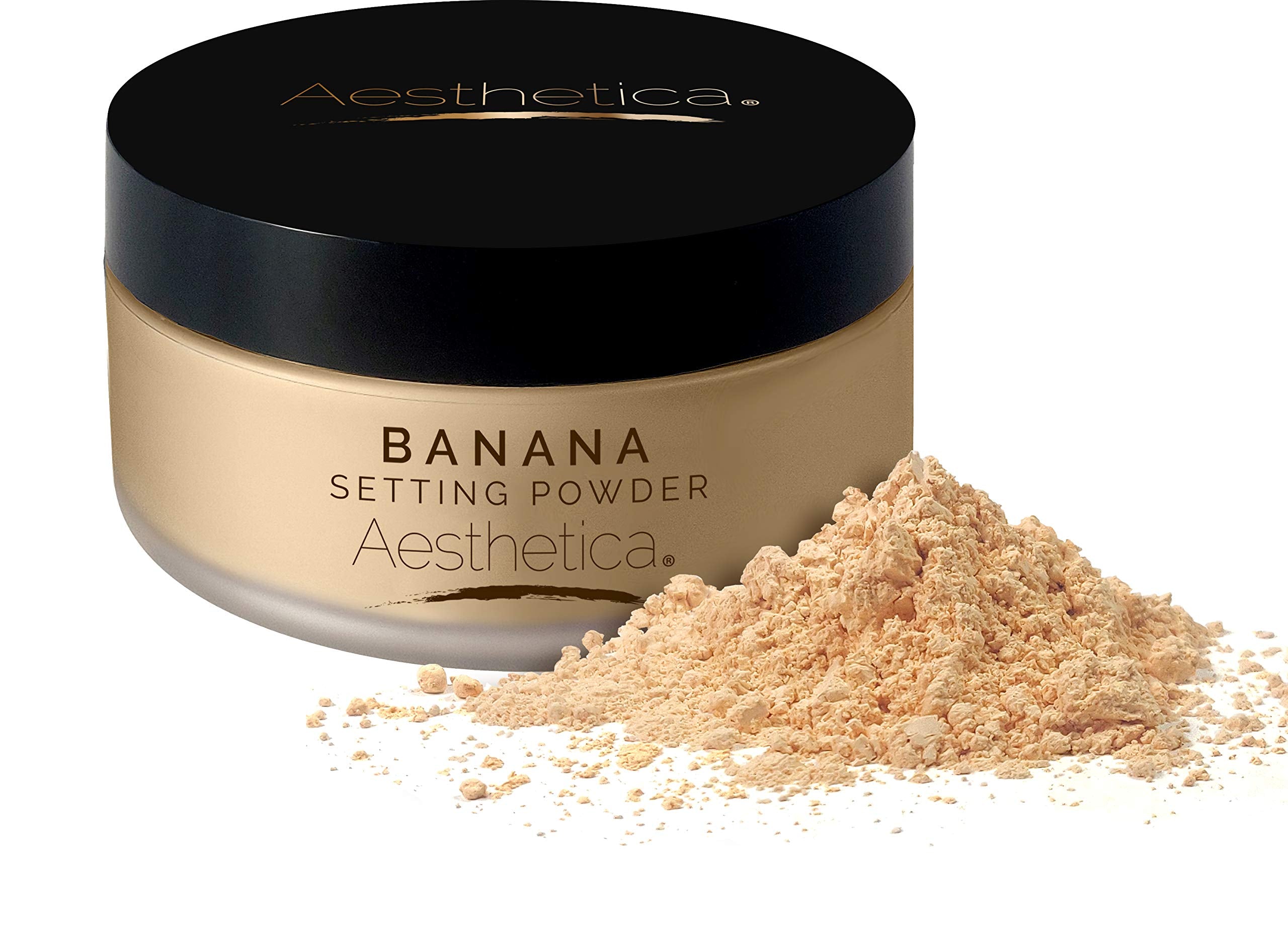 Aesthetica Banana Loose Setting Powder jar closeup showing matte finish.