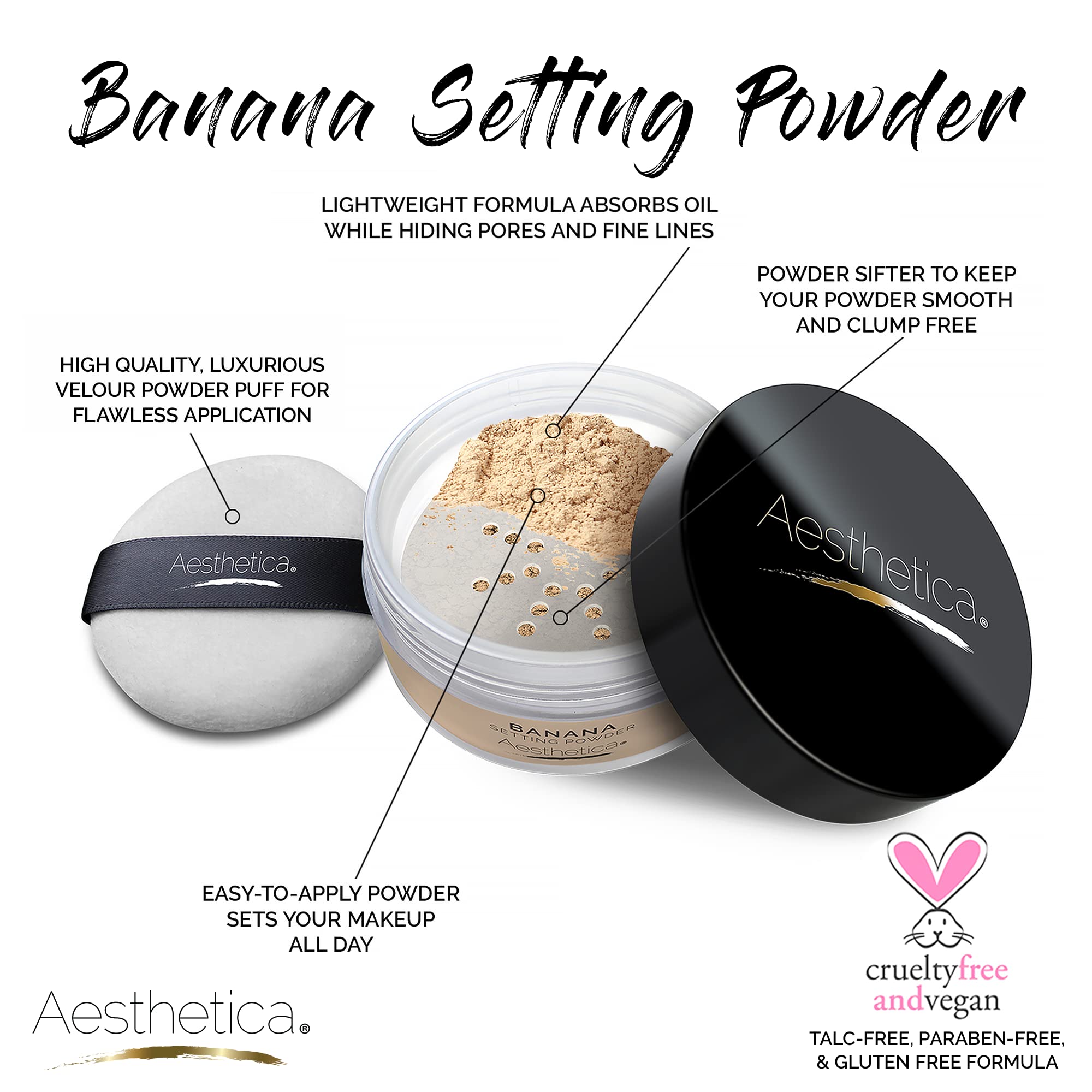 Aesthetica Banana Loose Setting Powder velour puff ready for travel touch-ups.