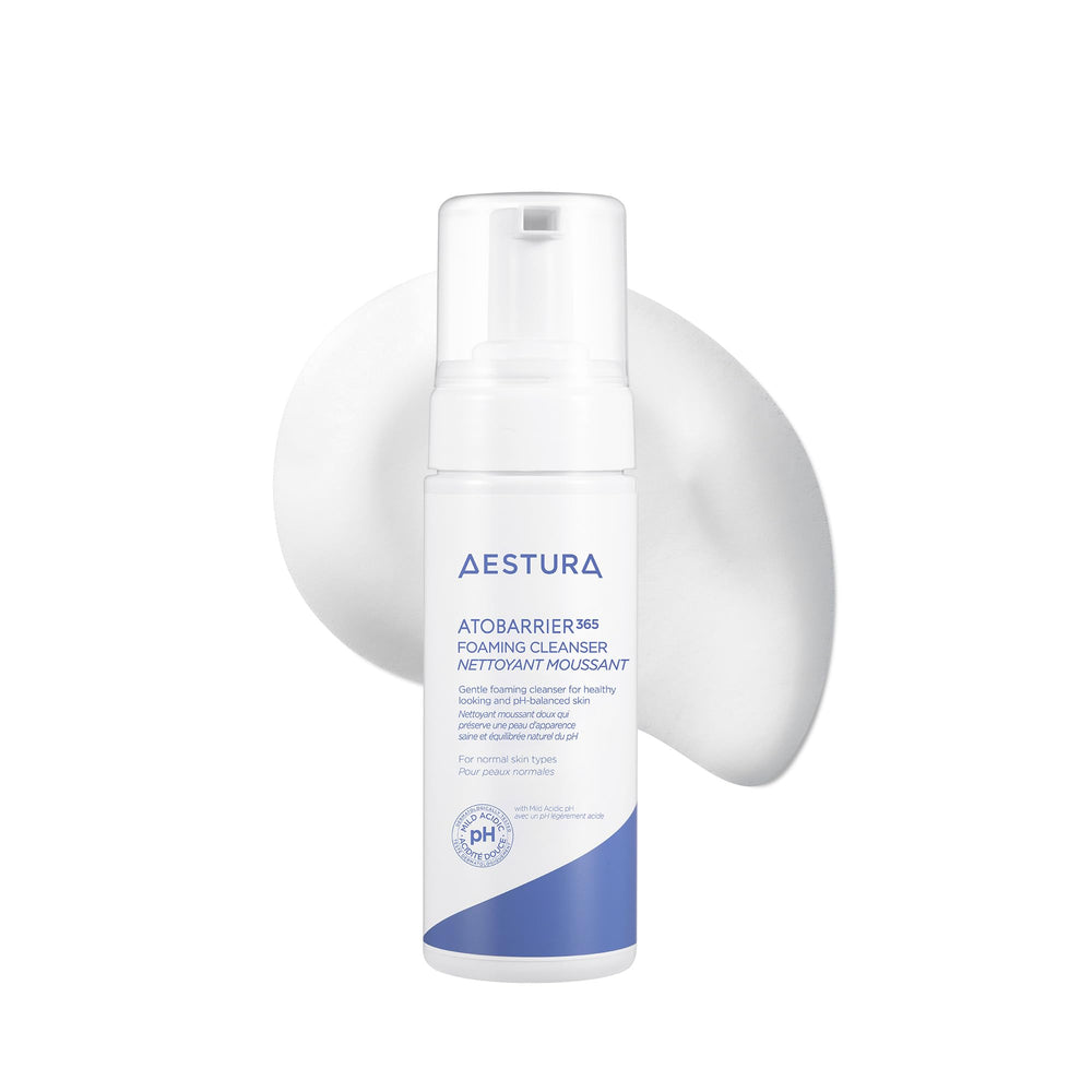 AESTURA ATOBARRIER365 bottle close-up showing gentle cleansing for balanced hydration.