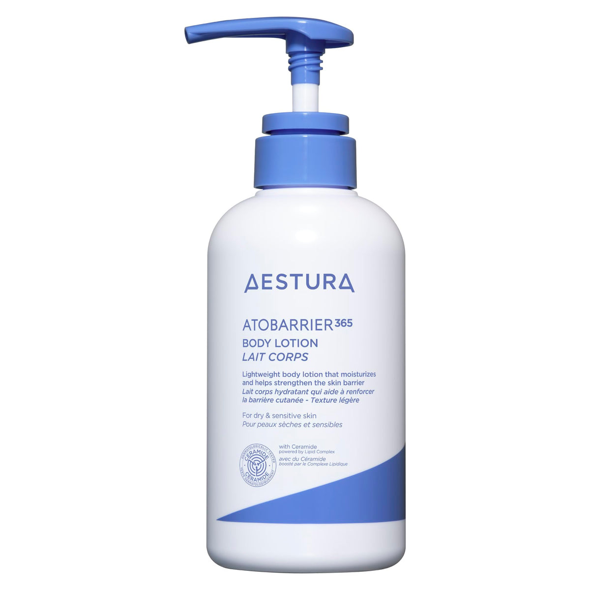 AESTURA ATOBARRIER365 bottle front showing fragrance-free, non-greasy moisture for sensitive skin.