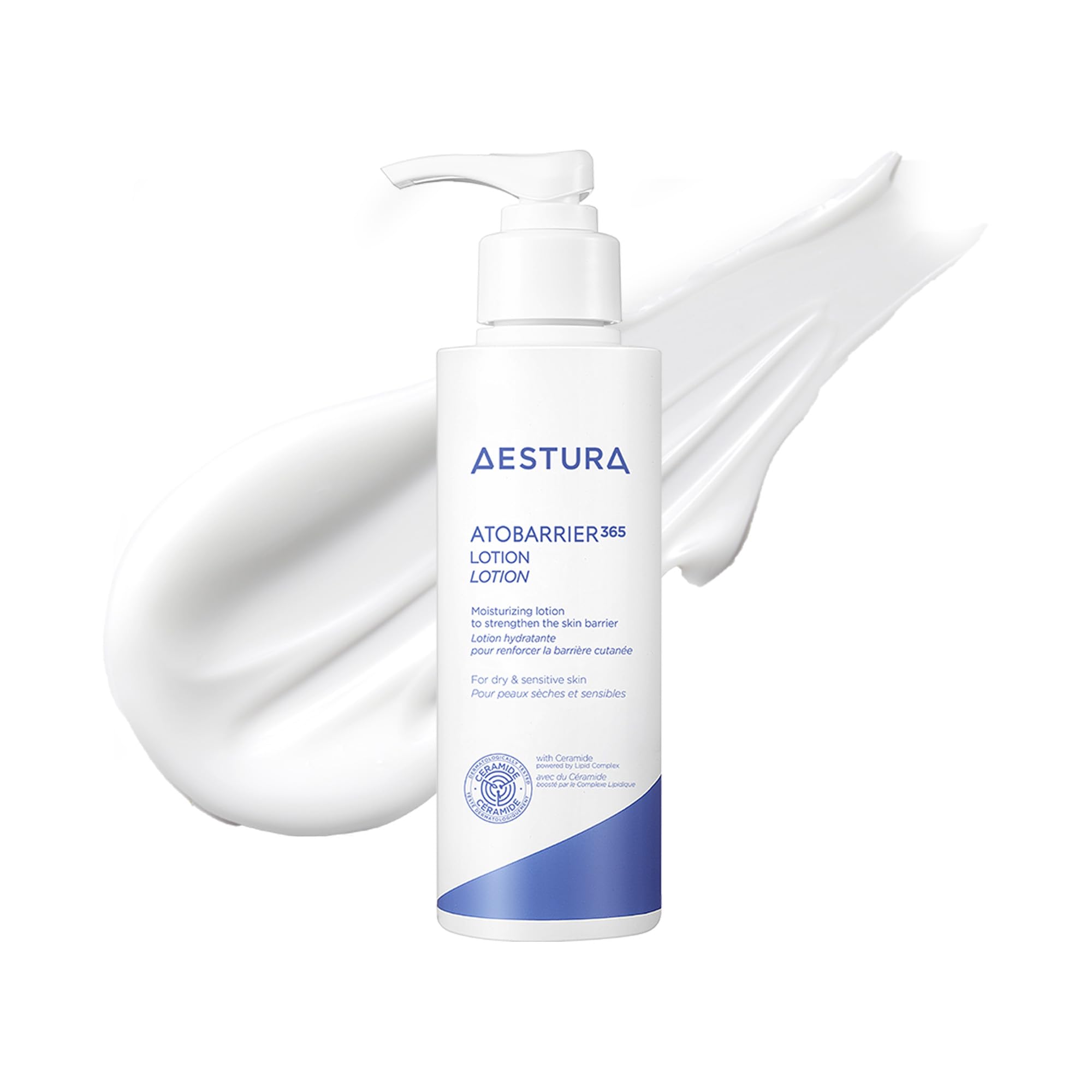 AESTURA ATOBARRIER365 bottle front promotes lightweight ceramide hydration for sensitive skin.