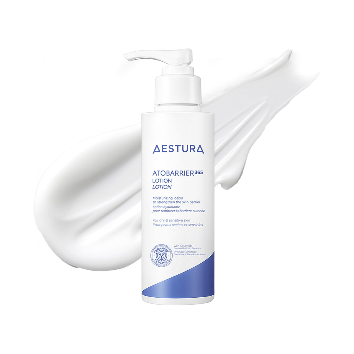 AESTURA ATOBARRIER365 bottle front promotes lightweight ceramide hydration for sensitive skin.