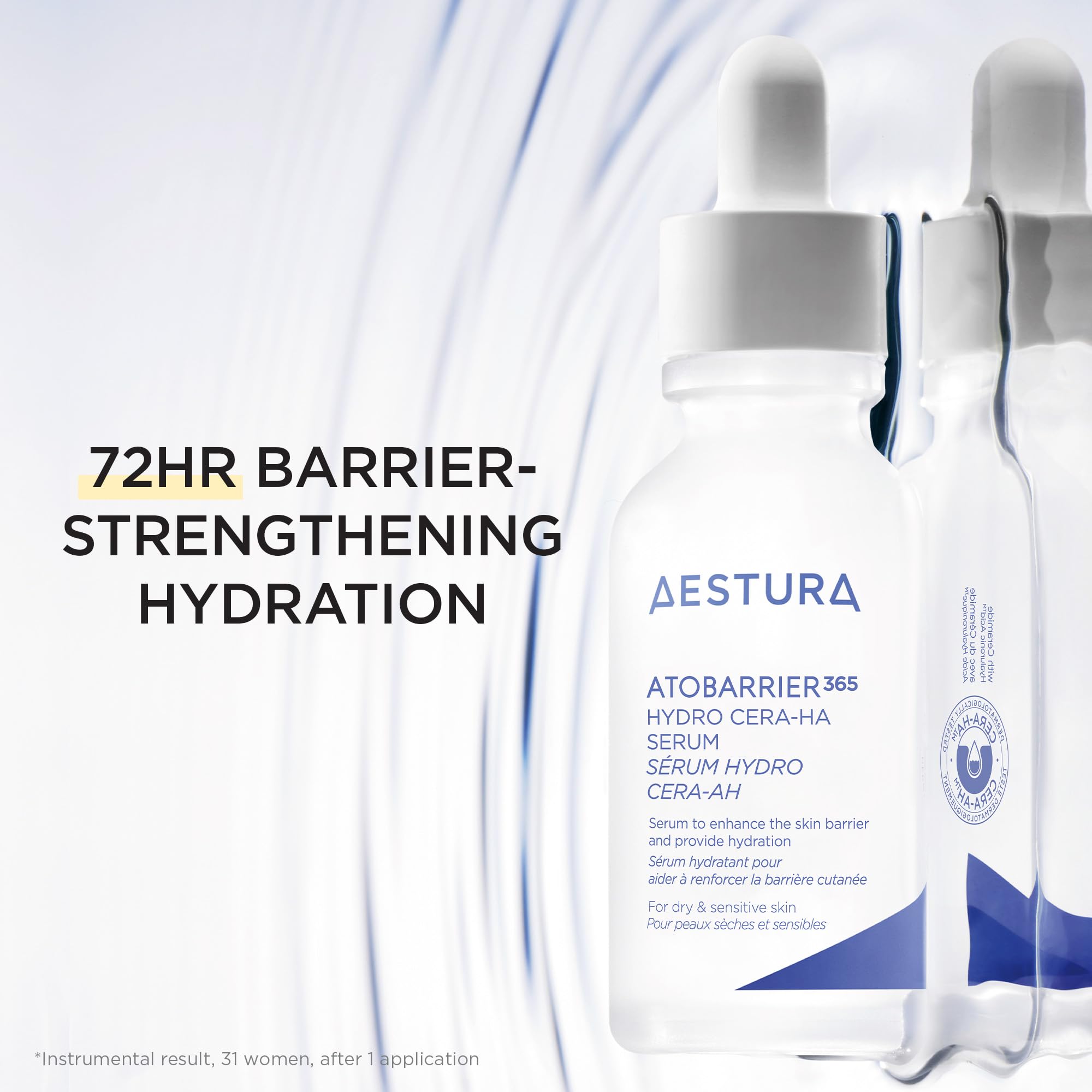 AESTURA ATOBARRIER365 graphic featuring niacinamide, vitamin E and glycerin for nourishment.