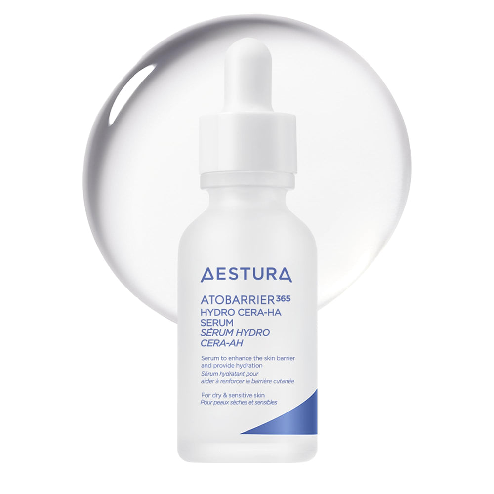 AESTURA ATOBARRIER365 serum bottle close-up, suggesting deep hydration and barrier support.