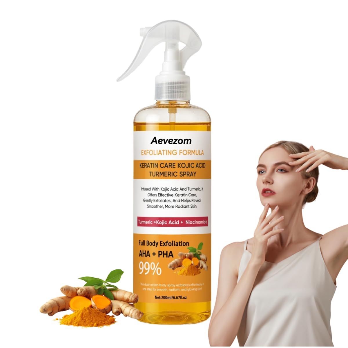 Aevezom Body Keratin Care Turmeric Spray bottle pour for easy on-the-go exfoliation.