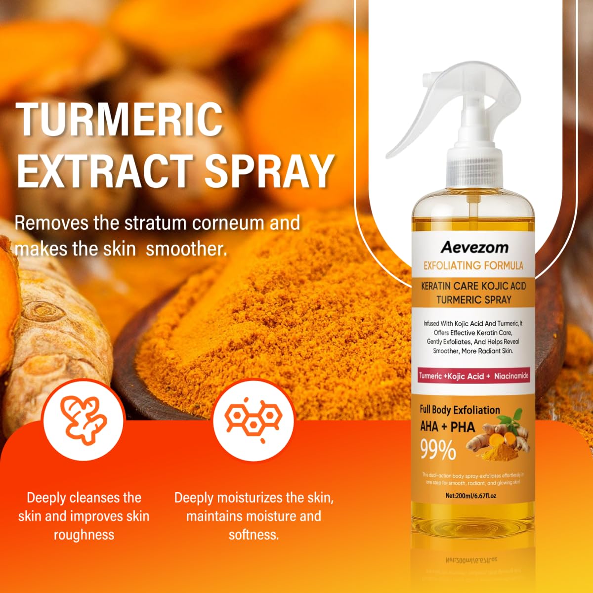 Aevezom Body Keratin Care Turmeric Spray mist application captures refreshing skin prep.