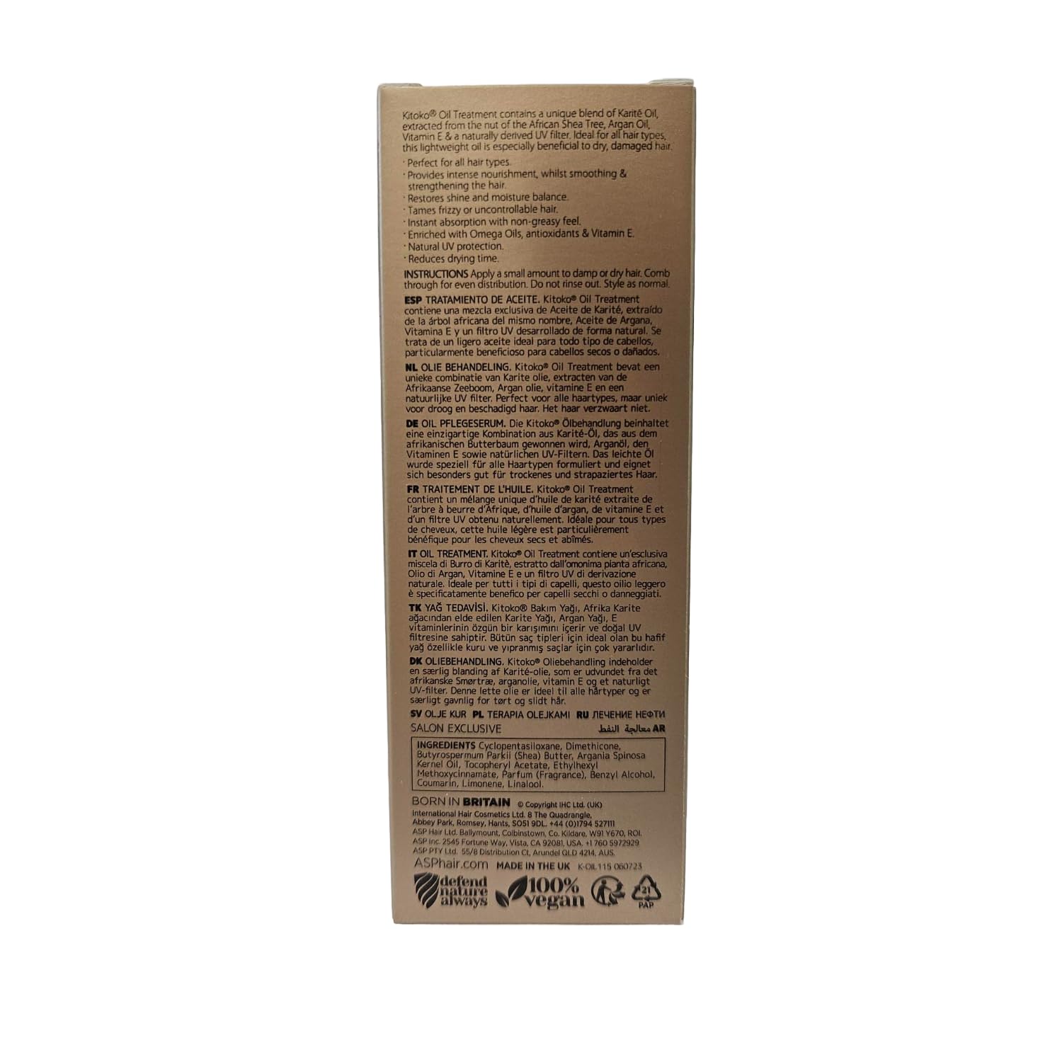 Affinage Kitoko Oil Treatment product shot emphasizes premium packaging and UV-filter protection
