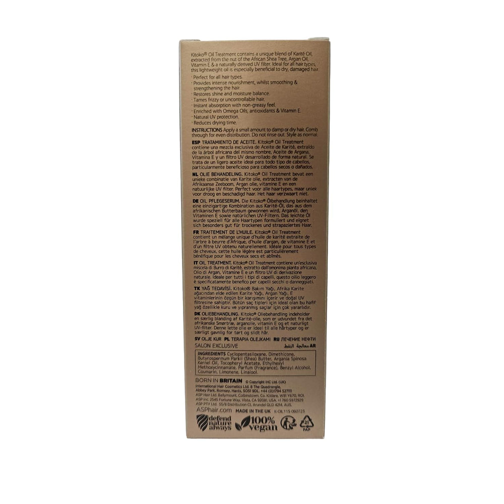 Affinage Kitoko Oil Treatment product shot emphasizes premium packaging and UV-filter protection