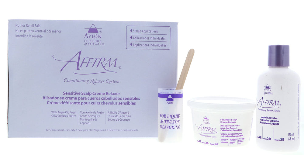 Affirm Relaxer Kit mix bowl image, shows the custom-mix option for mild to normal strength.