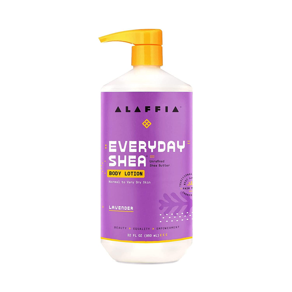 Alaffia Everyday Shea Body Lotion lavender-lemongrass aroma for relaxation.