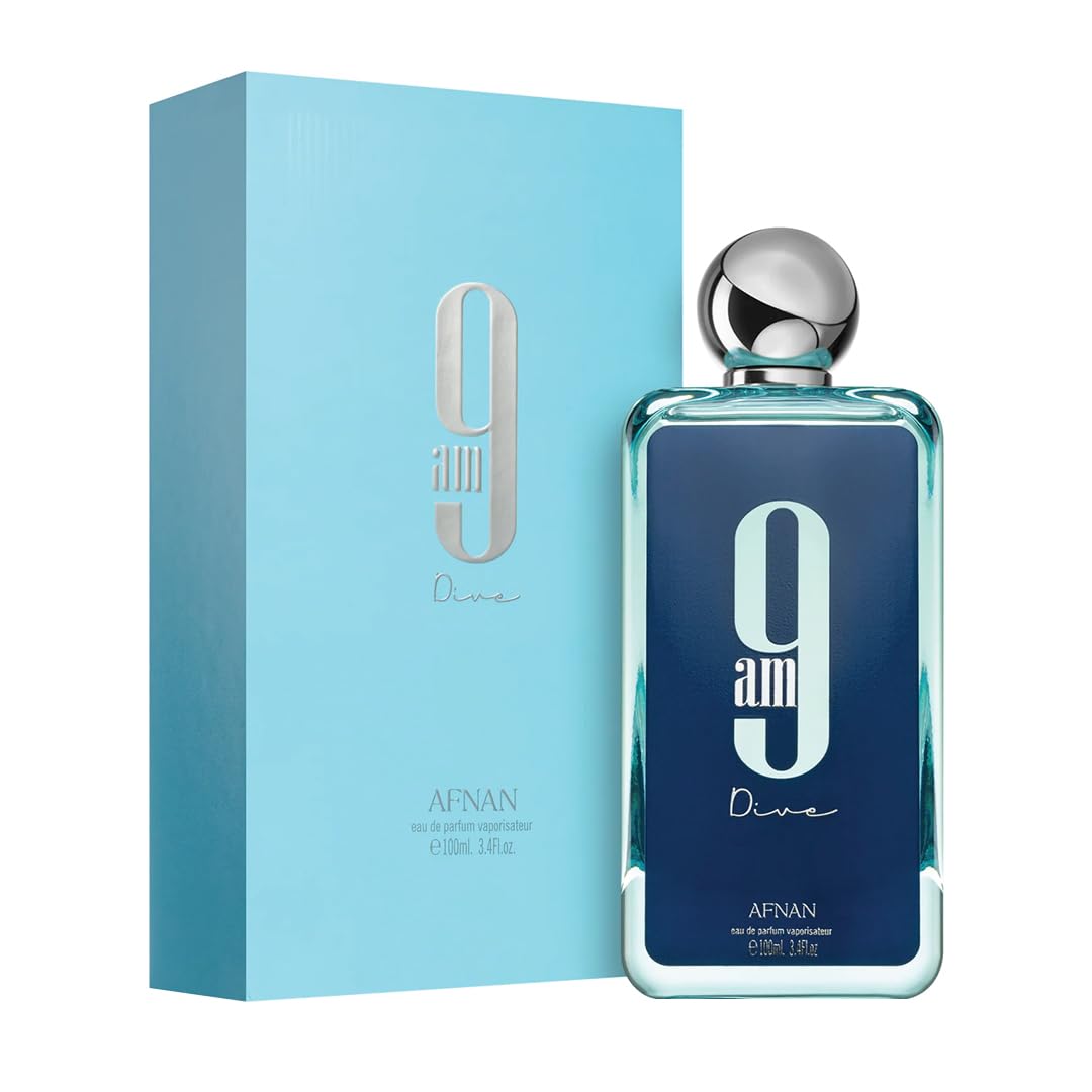 Afnan 9 AM Dive bottle on a shelf highlighting versatile unisex design for daily wear.