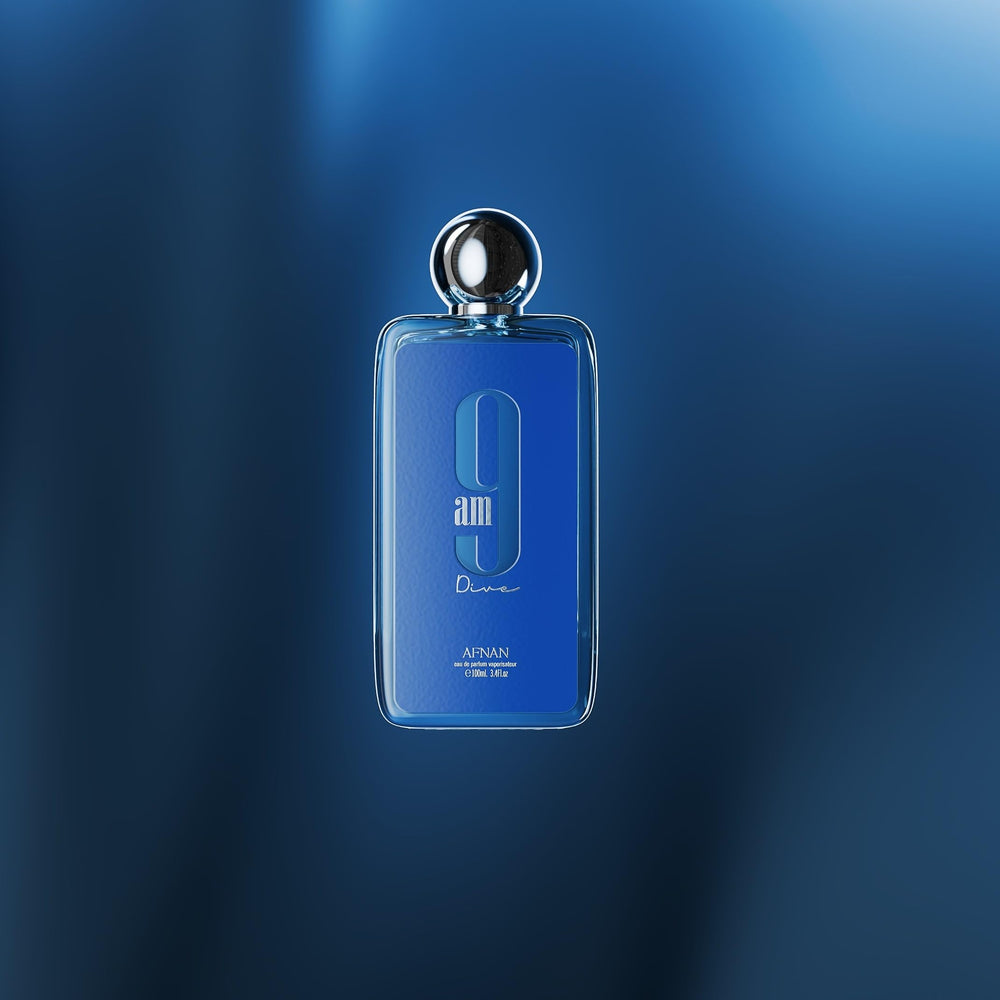 Afnan 9 AM Dive close-up with fragrance cloud hints at lasting versatility.