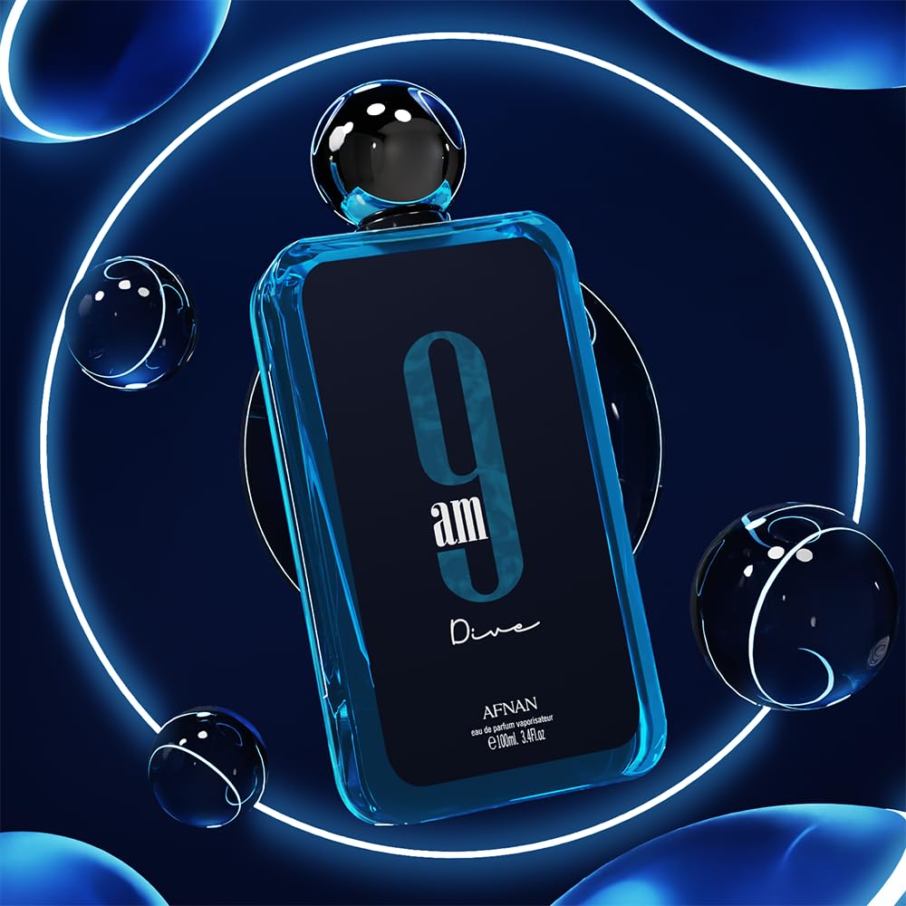Afnan 9 AM Dive top notes scene highlights pink pepper and mint for a vibrant morning lift.