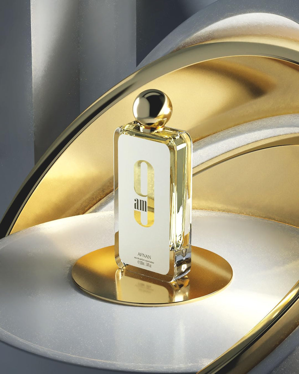 Afnan 9 AM EDP base notes close-up shows cedarwood, moss, patchouli for woody warmth.