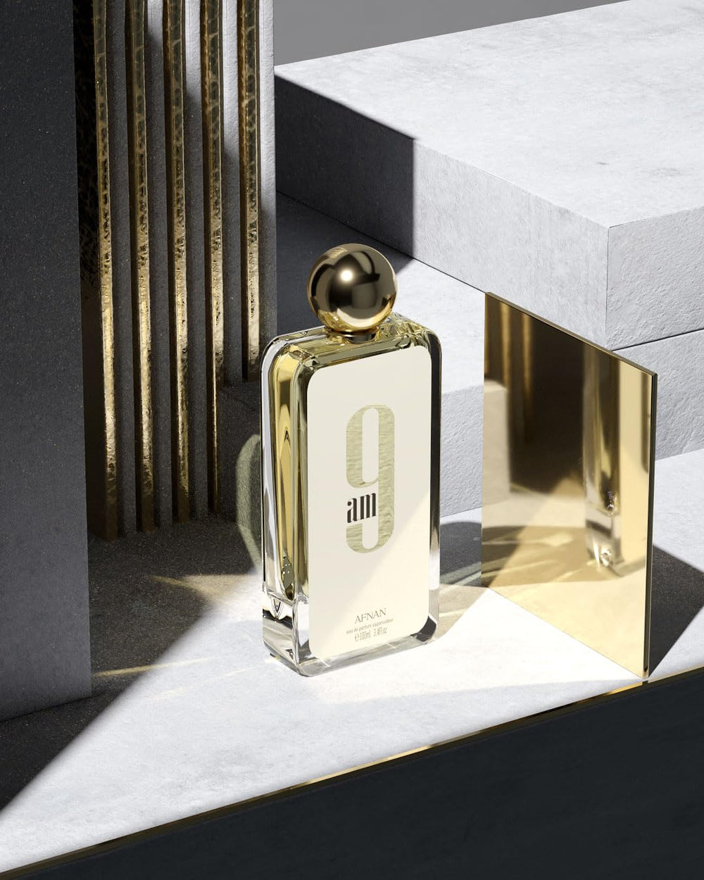 Afnan 9 AM EDP bottle cap close-up highlights premium elegance and long-lasting impression.