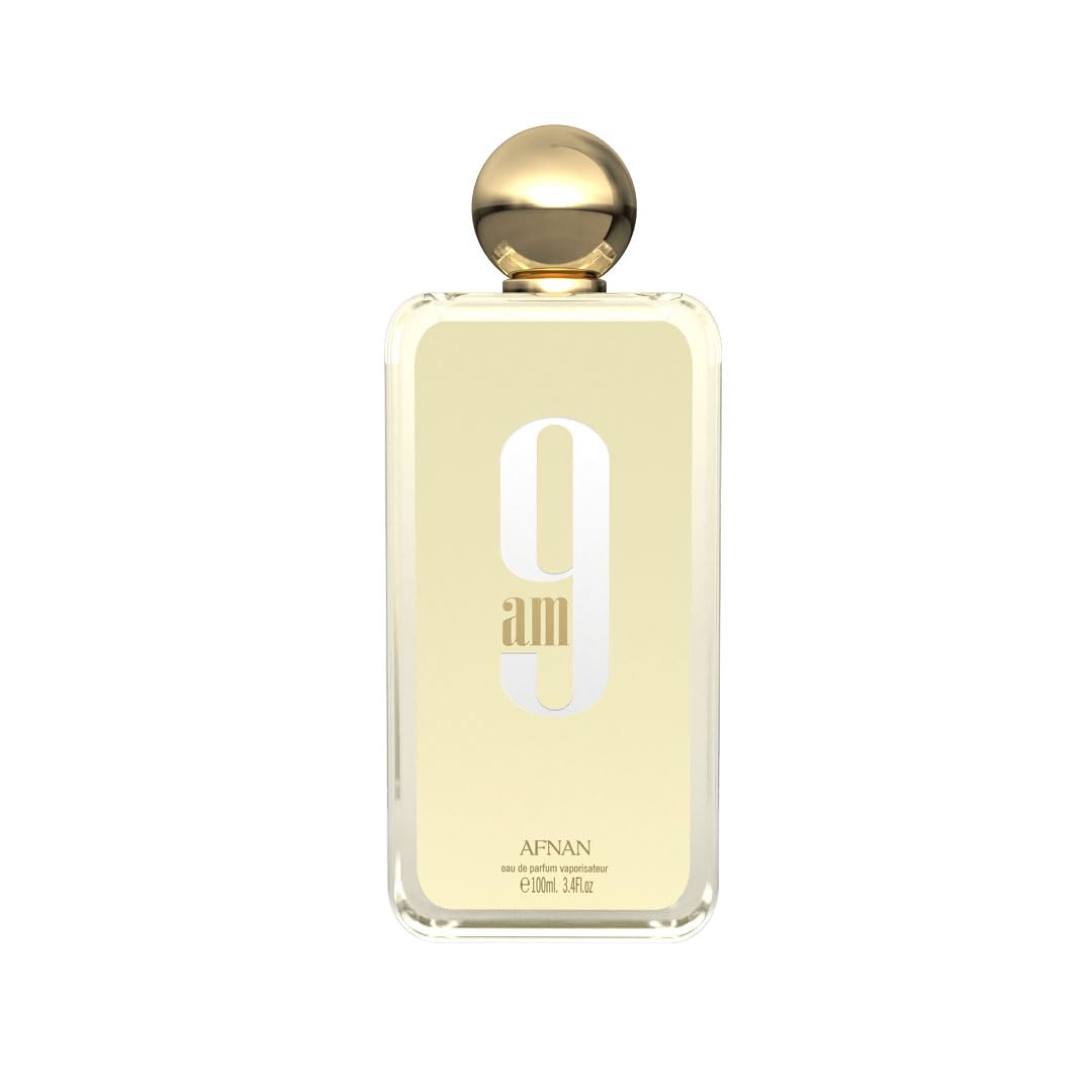 Afnan 9 AM EDP bottle front illustrates bright citrus for fresh daytime energy.