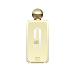 Afnan 9 AM EDP bottle front illustrates bright citrus for fresh daytime energy.