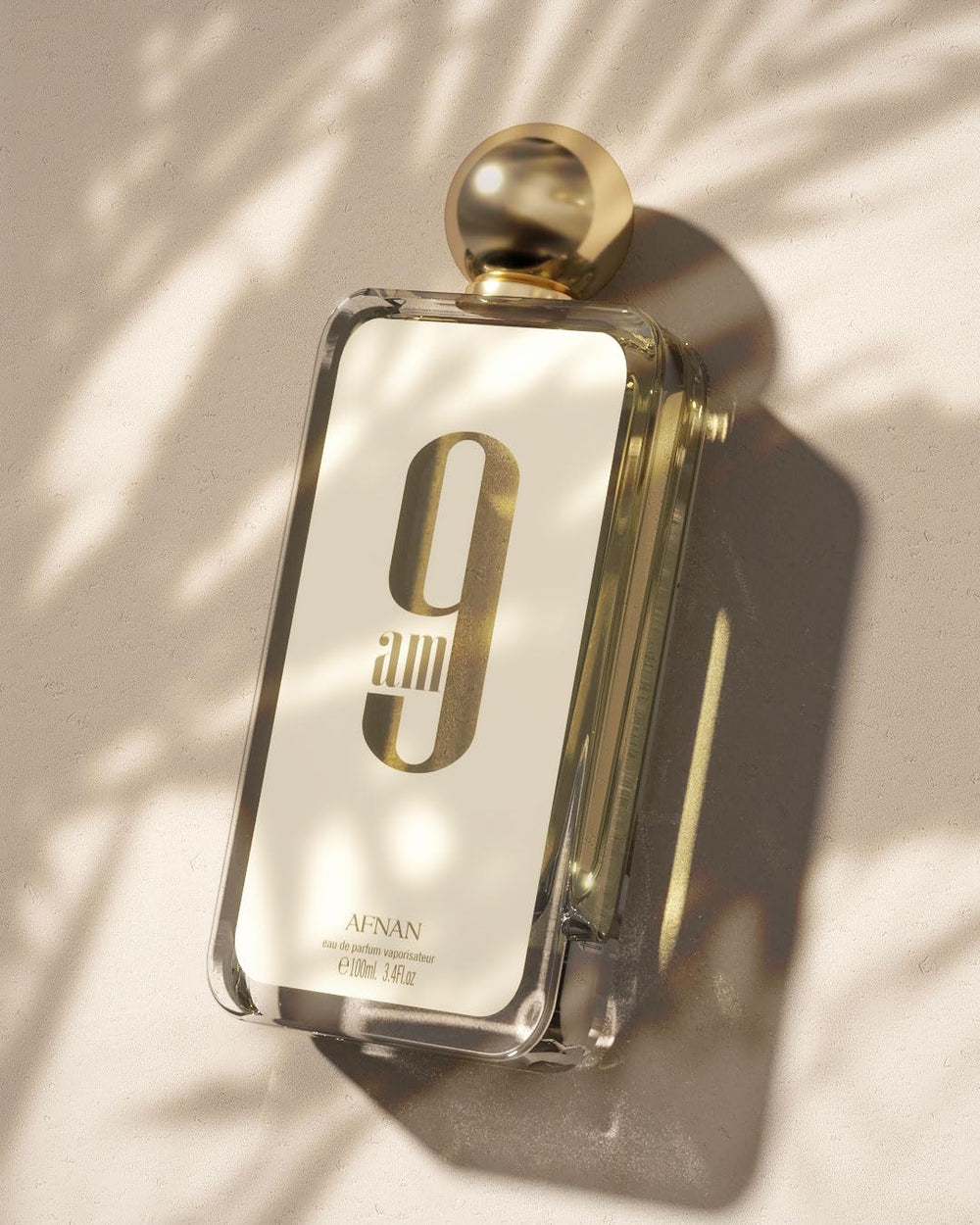 Afnan 9 AM EDP close-up reveals luxurious glass texture and refined finish.