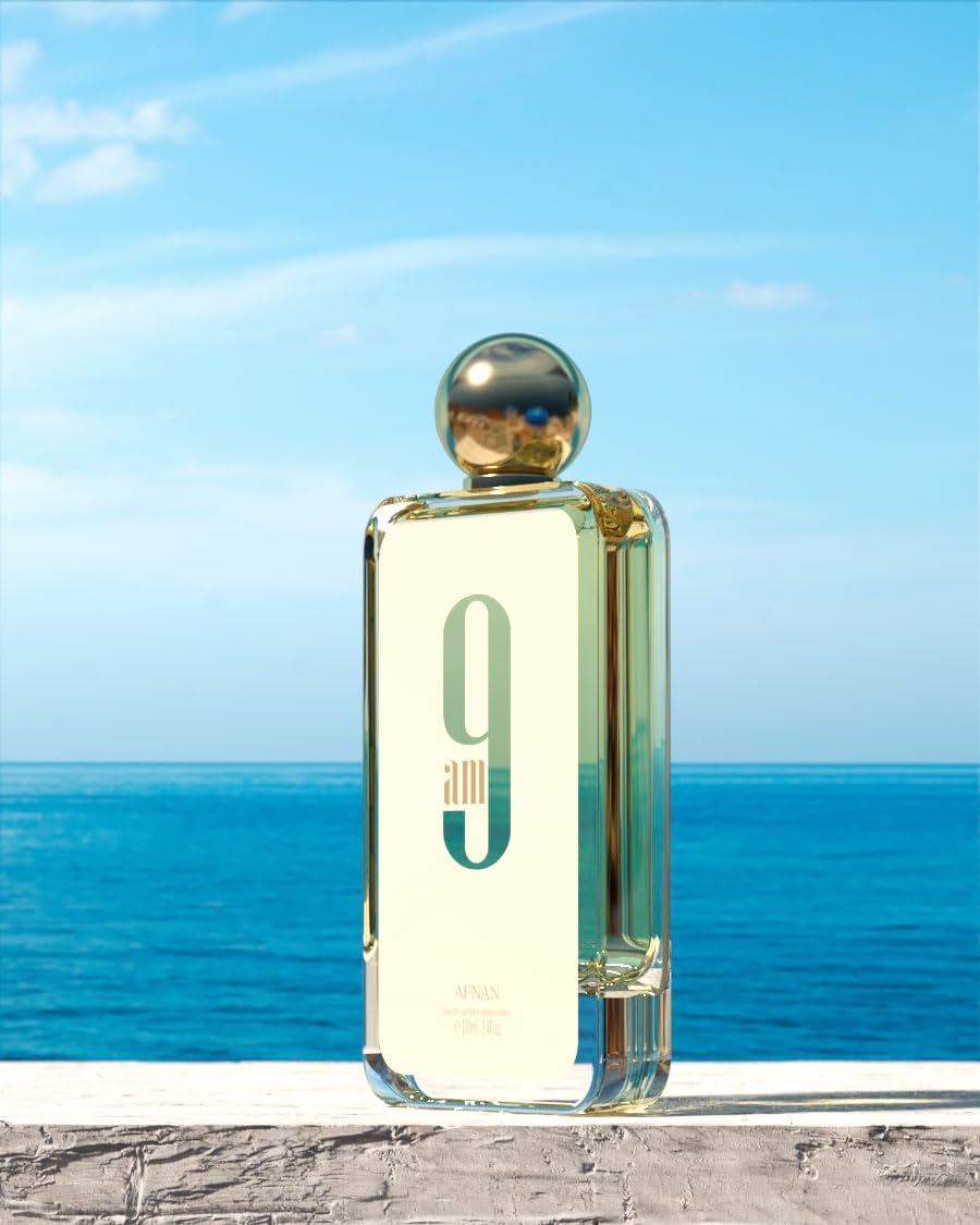 Afnan 9 AM EDP travel-friendly bottle on shelf appeals to daily fragrance routines.