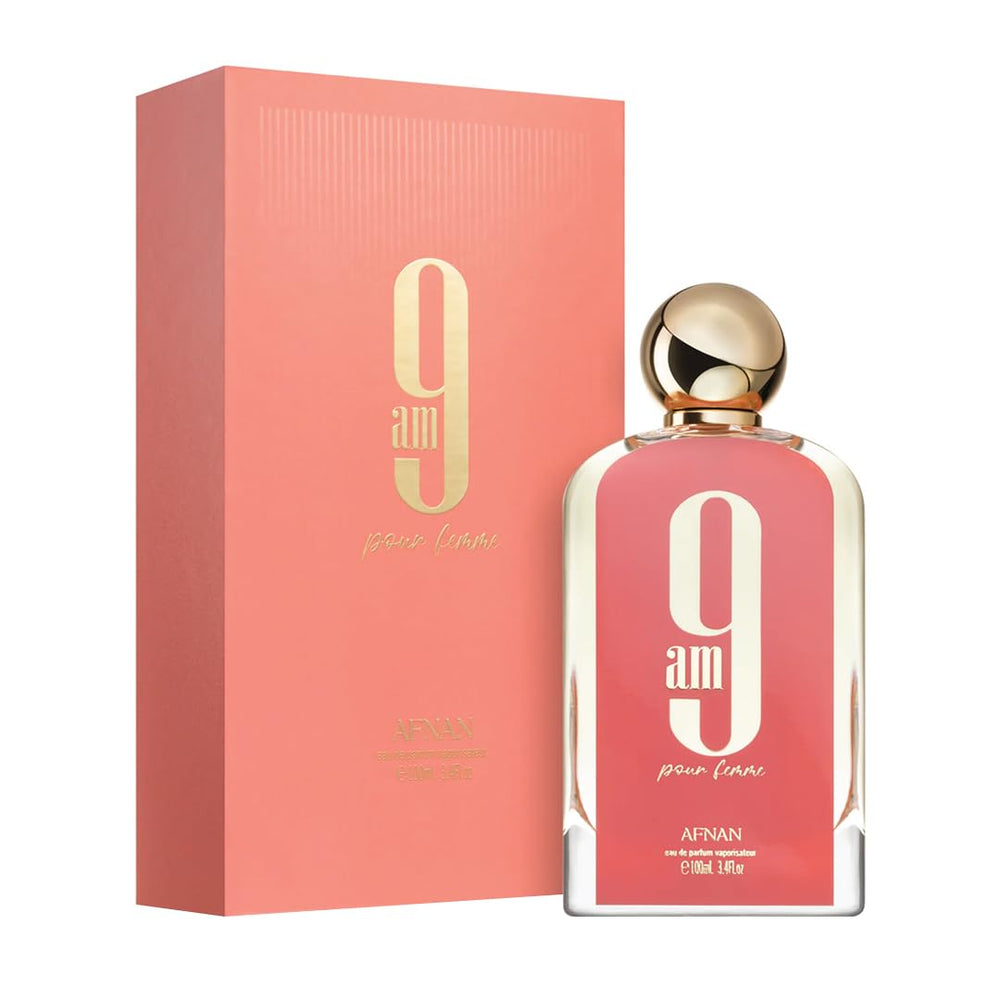 Afnan 9 AM Pour Femme base notes deliver warm musk and amber finish