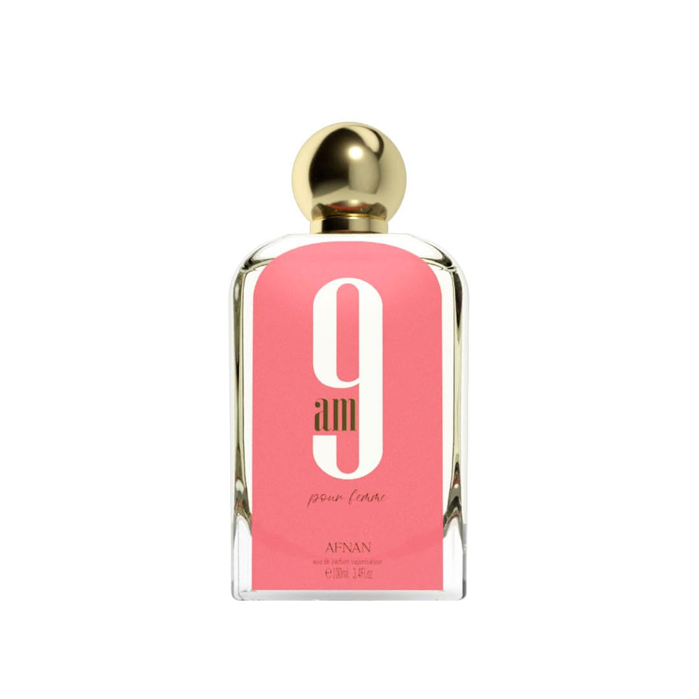 Afnan 9 AM Pour Femme bottle closeup for daily, fresh citrus mood