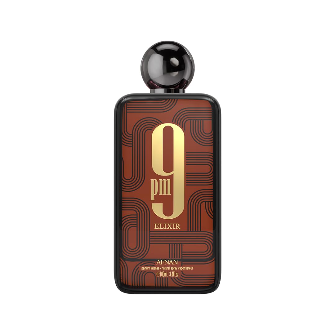 Afnan 9 PM Elixir bottle closeup showing premium glass and design details for a luxurious feel.