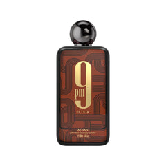 Afnan 9 PM Elixir bottle closeup showing premium glass and design details for a luxurious feel.